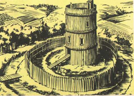 Un chteau fort primitif - Gravure extraite d'un manuel scolaire de 1968