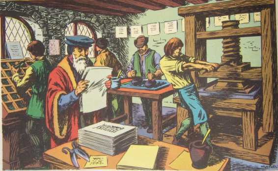 l'atelier de Gutenberg - Gravure extraite d'un manuel scolaire de 1968
